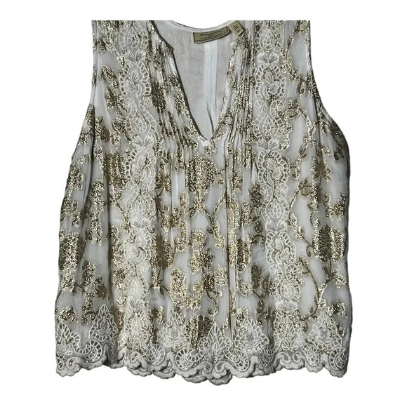 1886. ANTHROPOLOGIE MOULINETTE SOEURS SKLER SHINE‎ BLOUSE TANK GOLD EMBROIDERY - Picture 7 of 12